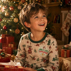 Boy in Christmas pajamas wearing the Nice List Approved sticker from Santa Ink