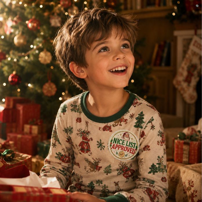 Boy in Christmas pajamas wearing the Nice List Approved sticker from Santa Ink