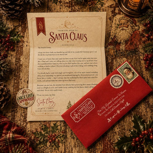 Personalized letter from Santa Claus on aged parchment with a red envelope and Nice List seal