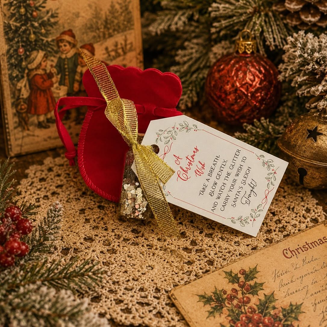 Christmas Wish glitter vial in a red velvet pouch with instruction tag, included with every Santa Ink reservation