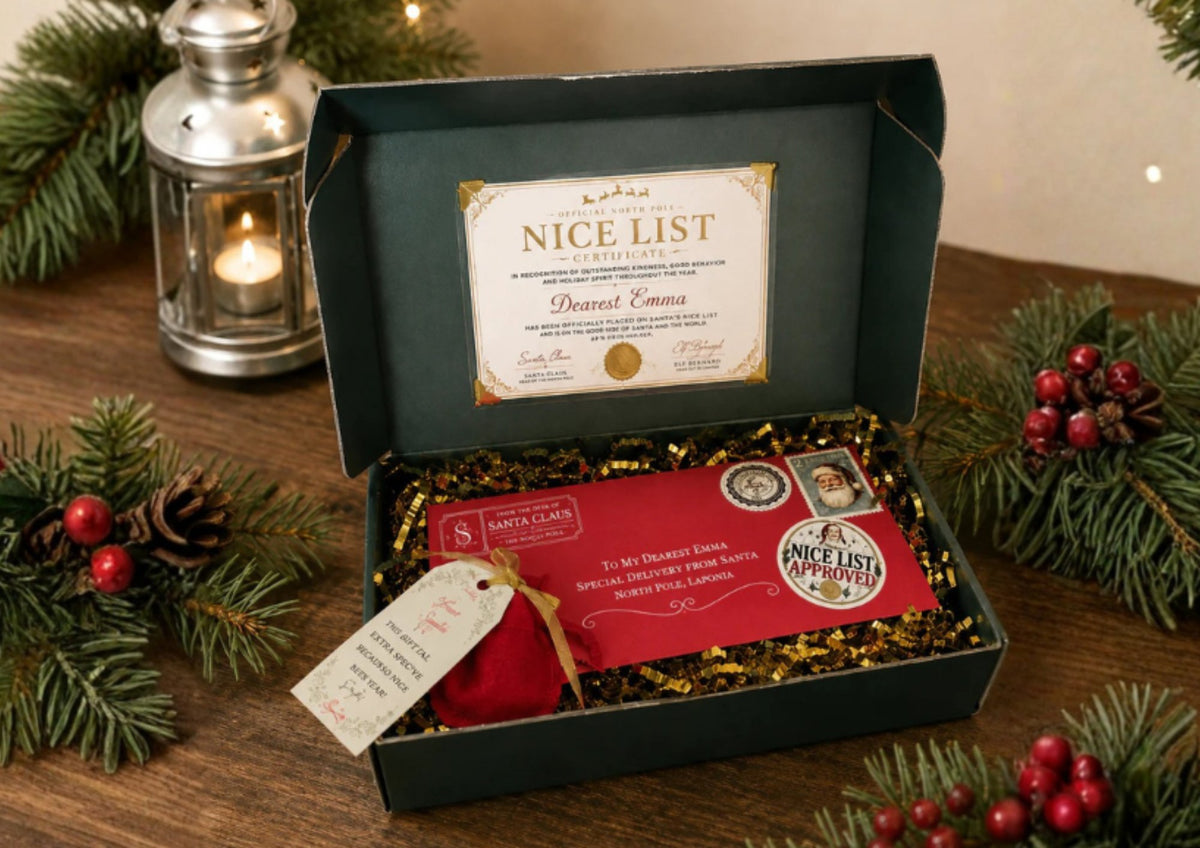 Santa Ink keepsake box open on a table, showing a Nice List Certificate and sealed letter from Santa