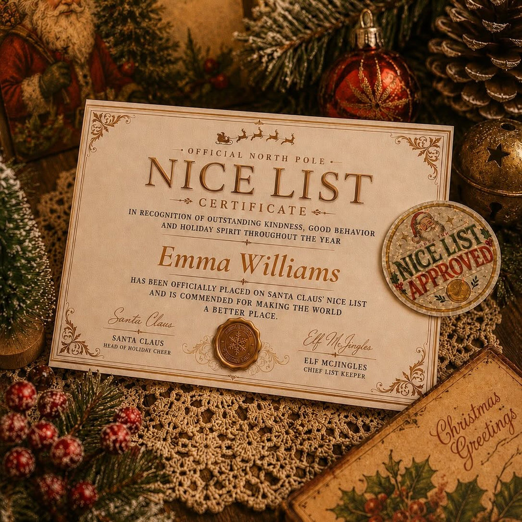 Personalized Nice List Certificate from Santa Ink, signed by Santa Claus and stamped Nice List Approved