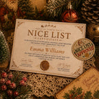 Personalized Nice List Certificate from Santa Ink, signed by Santa Claus and stamped Nice List Approved