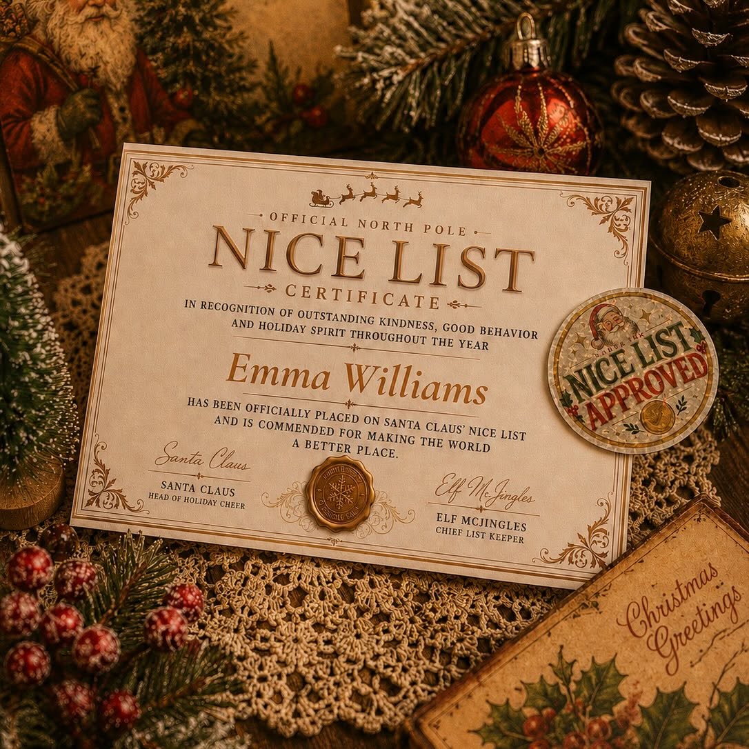 Personalized Nice List Certificate from Santa Ink, signed by Santa Claus and stamped Nice List Approved