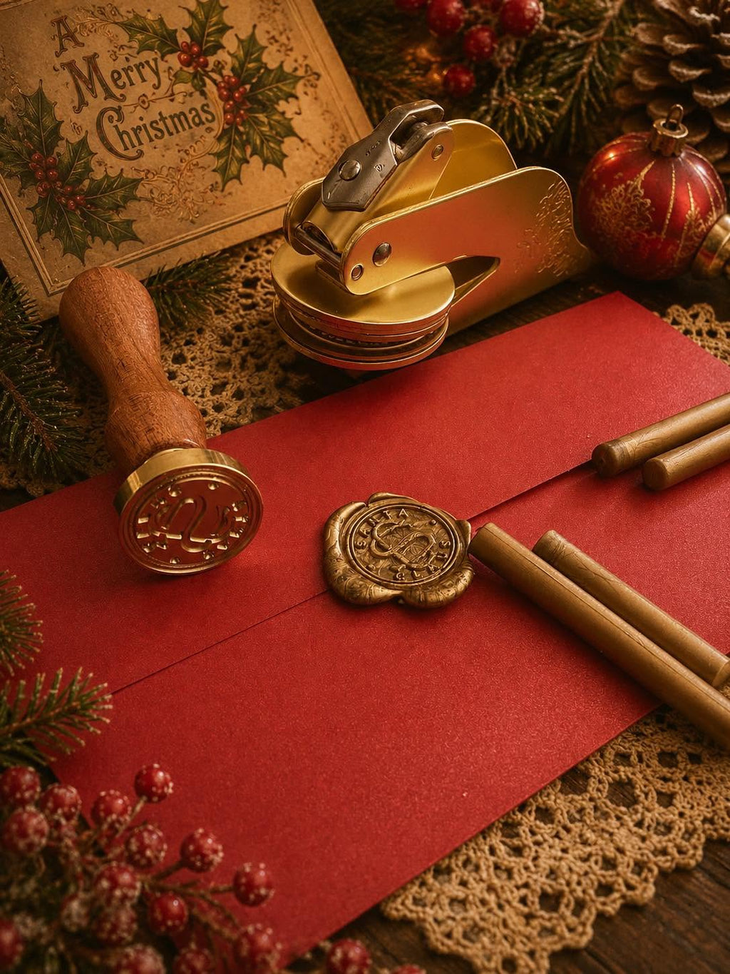 Gold wax seal being pressed into the red envelope of a Santa Ink letter
