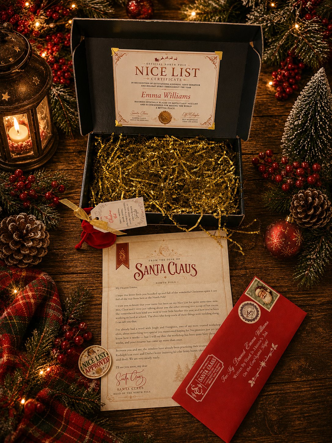 Everything included with a Santa Ink reservation: letter from Santa, Nice List Certificate, envelope, and keepsake box